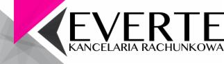 Logo biura rachunkowego EVERTE z elementami graficznymi w kolorze różowym, szarym i czarnym.