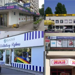 Kompozycja zdjęć przedstawiająca różnorodne szyldy i fasady sklepów: delikatesy, salon muzyczny, fabryka mebli, laboratorium medyczne, zróżnicowane style i kolorystyka.