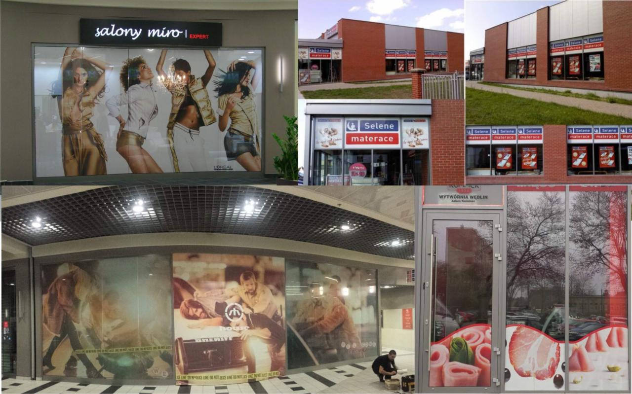 Zestawienie zdjęć reklamowych i szyldów różnych firm wewnątrz galerii handlowej: salon fryzjerski z plakatem modelek, sklep z materacami z szyldami i witrynami, wytwórnia wędlin z oklejonymi...