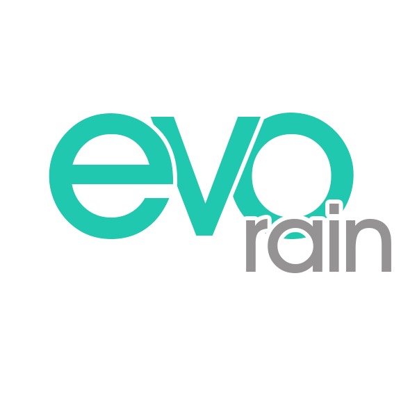 Logo firmy EvoRain, z nazwą zapisaną w kolorach turkusowym i szarym na białym tle.