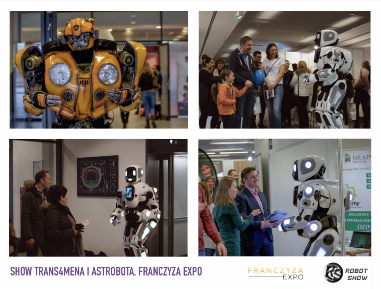 Kolaż zdjęć z targów: robot w przebraniu Bumblebee z Transformers, biały robot w interakcji z publicznością, w tym z dziećmi.