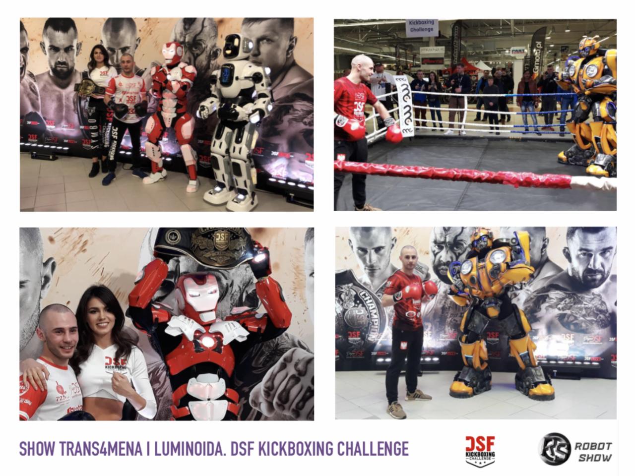 Kolaż zdjęć z wydarzenia DSF Kickboxing Challenge, prezentujący zawodników, hostessy z pasami mistrzowskimi oraz osoby w kostiumach robotów, na tle plakatów z wizerunkami zawodników.