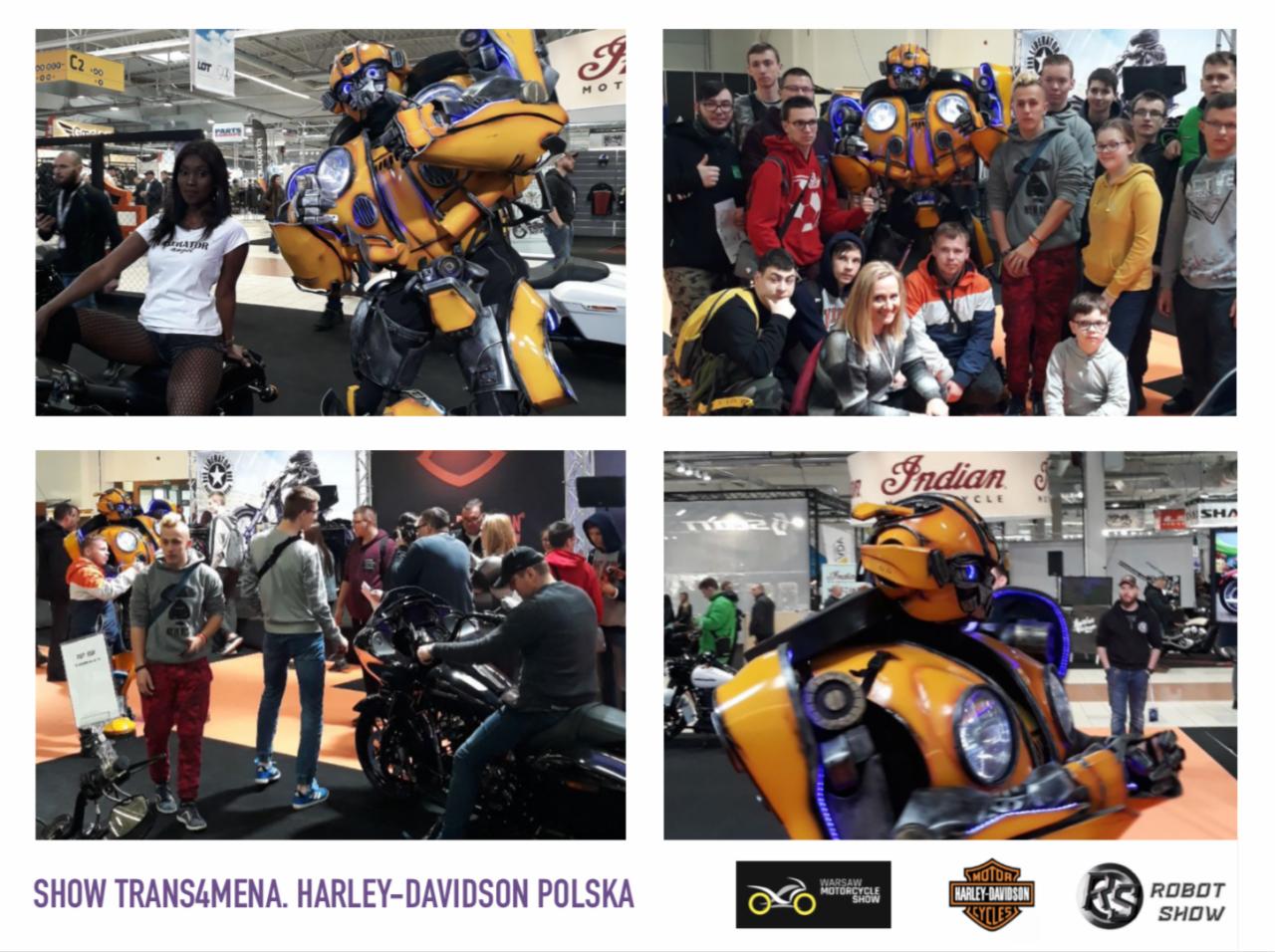 Cztery kadry z targów motocyklowych: hostessa siedząca na motocyklu obok robota przebranego za Bumblebee, grupa osób pozująca z robotem, tłum oglądający motocykle, zbliżenie na robota Bumblebee