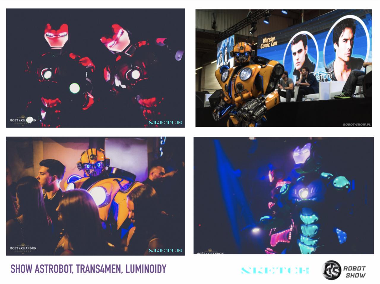 Kolaż czterech zdjęć przedstawiających robotyczne kostiumy: dwa kostiumy Iron Mana z czerwonymi światłami, kostium Bumblebee z Transformers na tle sceny Warsaw Comic Con z aktorami z serialu...