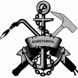 Logo firmy KONSTERPOL: kotwica, palnik, młotek, łańcuch. Grafika w odcieniach szarości i czerni, stylizowana na morski, przemysłowy.