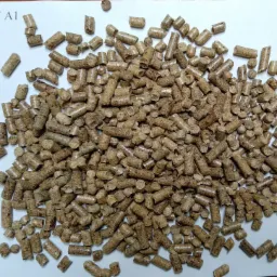 Jasnobrązowy pellet drzewny luzem na białym tle, widoczny napis 'No2 BF A1', produkt z Krakowa.