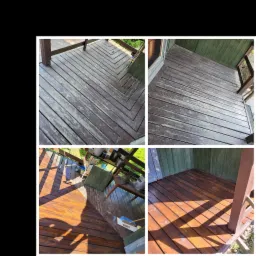 Fotokompozycja przedstawiająca remont drewnianego tarasu: górne kadry ukazują zniszczoną, łuszczącą się powierzchnię, a dolne kadry prezentują odnowiony taras z nową, brązową powłoką ochronną...