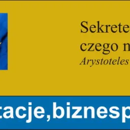 Grafika reklamowa firmy doradczej z logo EU-DOTACJA.PL, hasłem Arystotelesa Onassisa i ofertą doradztwa, dotacji, biznesplanów i wniosków, na żółto-niebieskim tle.