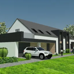 Wizualizacja nowoczesnego domu jednorodzinnego z płaskim dachem, dużymi oknami dachowymi i garażem na dwa samochody, z białym BMW zaparkowanym przed bramą garażową, na tle zielonego trawnika i drzew.