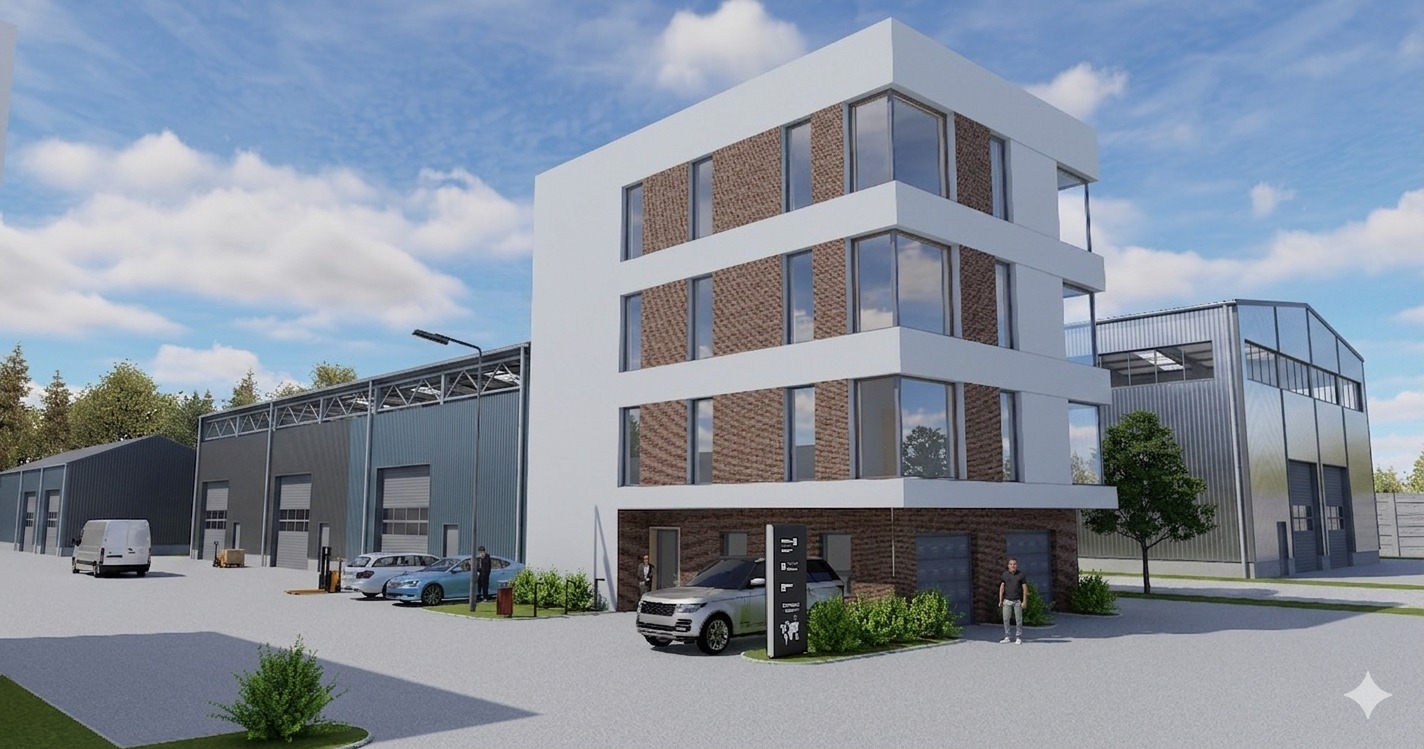 Wizualizacja 3D nowoczesnego budynku biurowo-magazynowego z elewacją z cegły i dużymi oknami. Na parkingu zaparkowane samochody, widoczna osoba i tablica informacyjna.