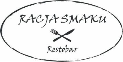 Czarno-białe logo 'RACJA SMAKU Restobar' w owalnej ramce, z skrzyżowanym nożem i widelcem pośrodku.