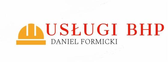 Logo firmy Daniel Formicki oferującej usługi z zakresu bezpieczeństwa, z ikoną żółtego kasku budowlanego i czerwonym napisem 'USŁUGI BHP'.