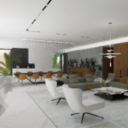 Wizualizacja przestronnego salonu z marmurową podłogą, szarym narożnikiem, białymi fotelami na obrotowych podstawach i długim stołem jadalnym z krzesłami w odcieniach musztardy, podwieszanym...