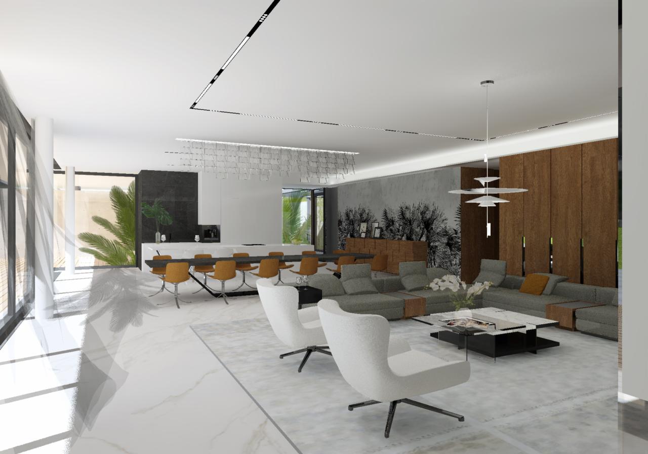 Wizualizacja przestronnego salonu z marmurową podłogą, szarym narożnikiem, białymi fotelami na obrotowych podstawach i długim stołem jadalnym z krzesłami w odcieniach musztardy, podwieszanym...