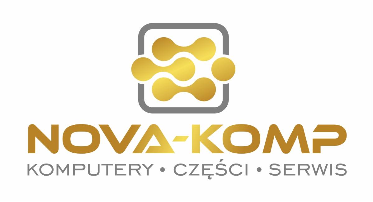 Złote logo NOVA-KOMP na białym tle, oferujące komputery, części i serwis. Symbol graficzny z połączonych kół w szarej ramce. Minimalistyczny design, nowoczesny branding.