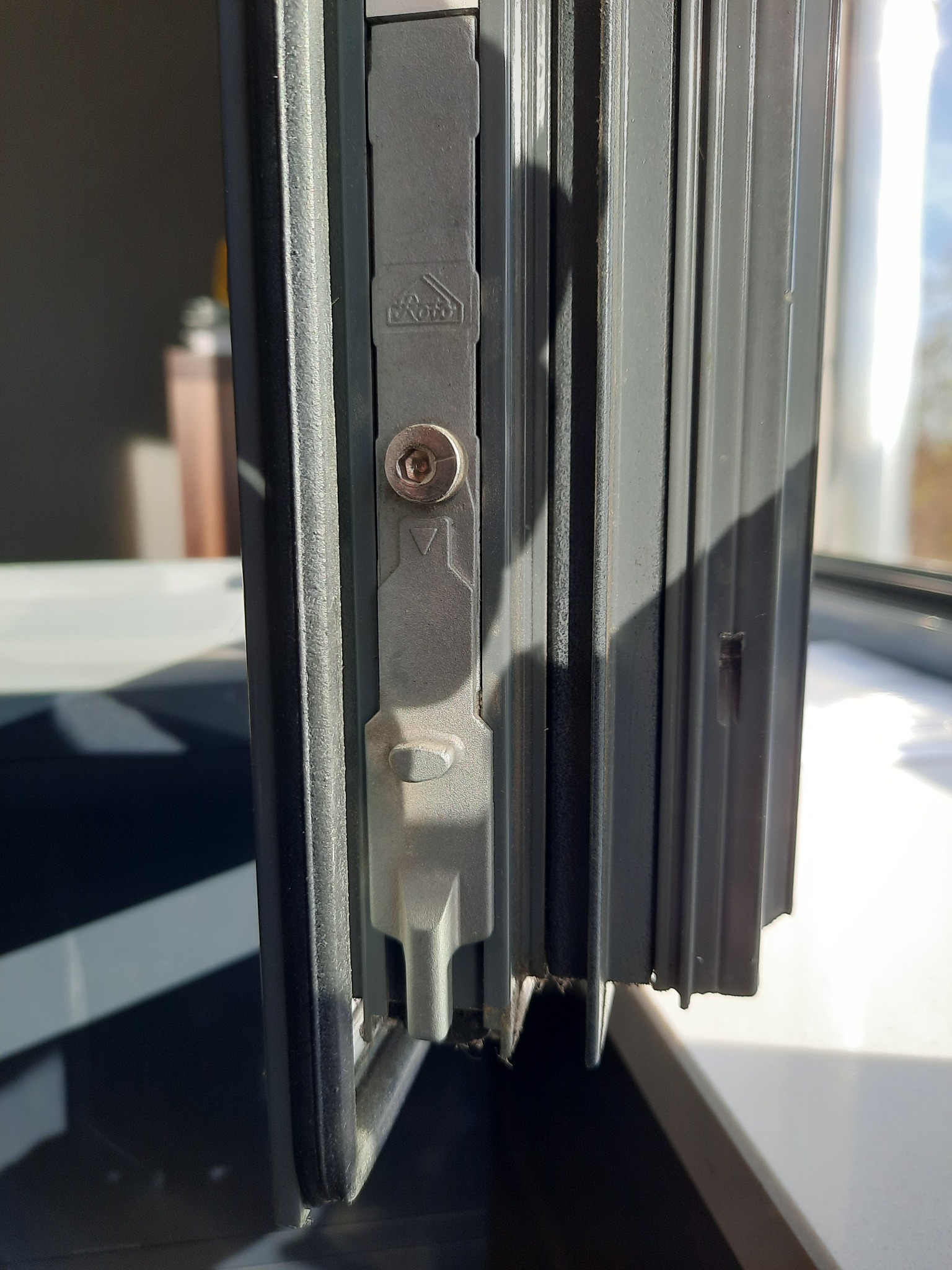 Szczegółowy widok mechanizmu zamka okiennego z widoczną śrubą regulacyjną i uszczelką, oświetlony naturalnym światłem, z fragmentem widoku za oknem.