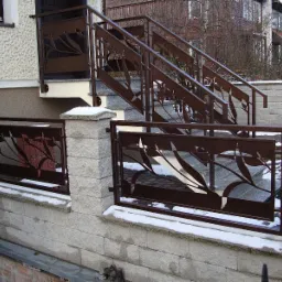 Metalowe ogrodzenie z motywem roślinnym i balustrada schodowa, wykonane w Wąbrzeźnie, z lekkim śniegiem na elementach kamiennych.