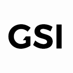 Czarne litery GSI na białym tle, logo firmy.