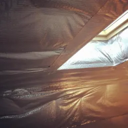 Izolacja termiczna poddasza z folią aluminiową, widoczne okno dachowe i łączenia materiału.