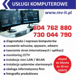 Ulotka reklamowa firmy REV-IT z Będzina, oferującej usługi komputerowe: diagnostyka, naprawa, usuwanie wirusów, tworzenie stron, monitoring CCTV, instalacja sieci LAN/WLAN i systemów alarmowych...