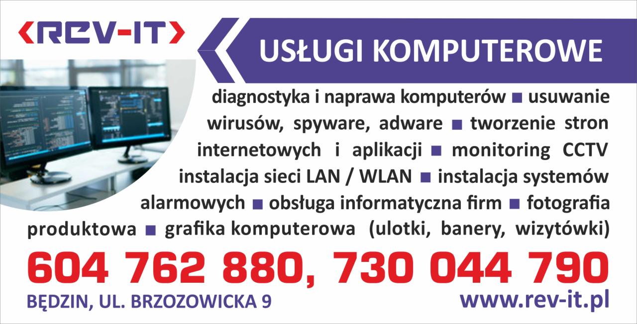 Grafika reklamowa firmy IT z dwoma monitorami wyświetlającymi kod, listą usług komputerowych, numerami telefonów i adresem strony internetowej.