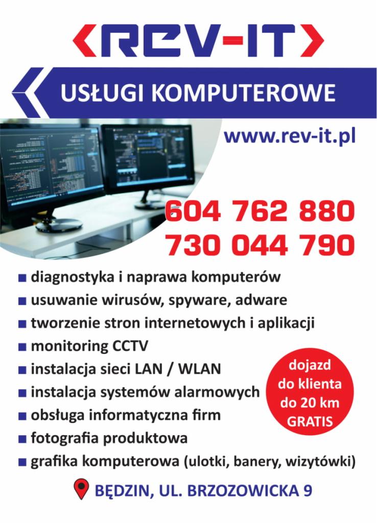 Ulotka reklamowa firmy REV-IT z Będzina, oferującej usługi komputerowe: diagnostyka, naprawa, usuwanie wirusów, tworzenie stron, monitoring CCTV, instalacja sieci LAN/WLAN i systemów alarmowych...