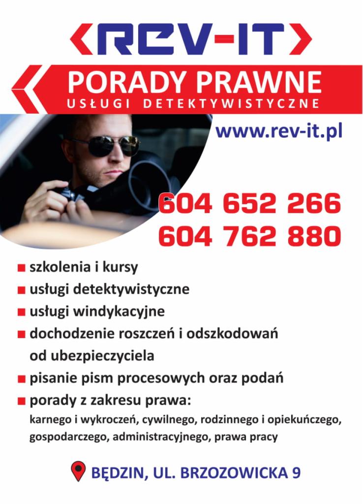 Reklama firmy REV-IT z Będzina oferującej porady prawne i usługi detektywistyczne, z numerami telefonów i adresem.