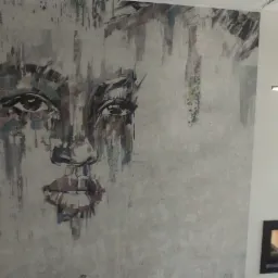 Tapeta z abstrakcyjnym portretem kobiety na ścianie w trakcie remontu, widoczna drabina i zabezpieczone meble w tle.