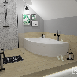 Home Effect - Wizualizacja łazienki z narożną wanną, kabiną prysznicową z deszczownicą, drewnopodobnymi płytkami, dekoracjami roślinnymi i napisem 'Relax' w ramkach, oraz świecami tworzącymi relaksującą atmosferę.