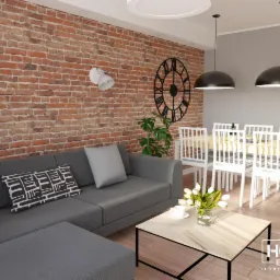Wizualizacja salonu z ceglaną ścianą, szarą sofą narożną, stolikiem kawowym z marmurowym blatem i białymi tulipanami, widok na jadalnię z białymi krzesłami i czarnymi lampami wiszącymi.