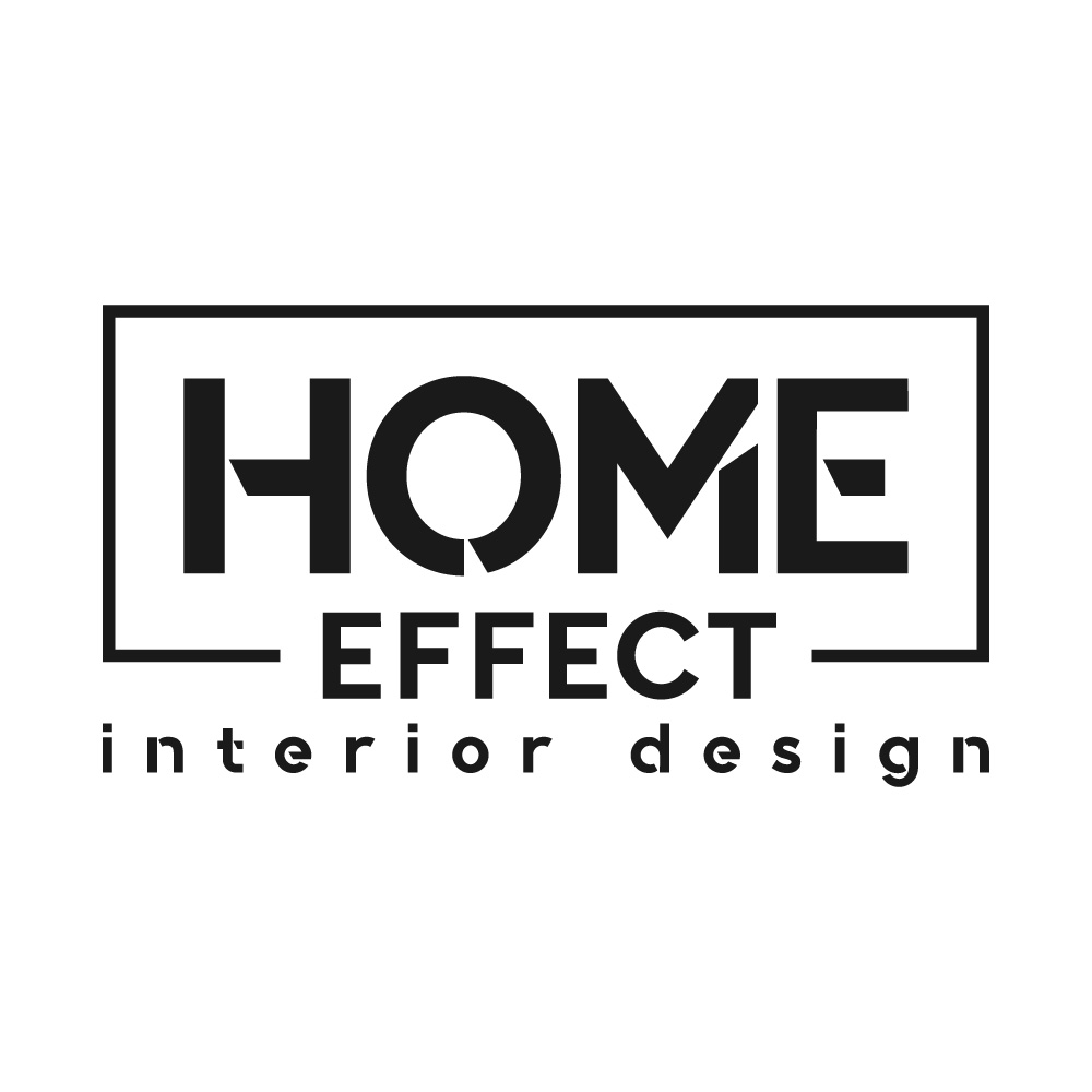 Logo firmy Home Effect Interior Design. Minimalistyczny, czarno-biały projekt graficzny z nazwą firmy w prostokącie i dopiskiem 'interior design'.
