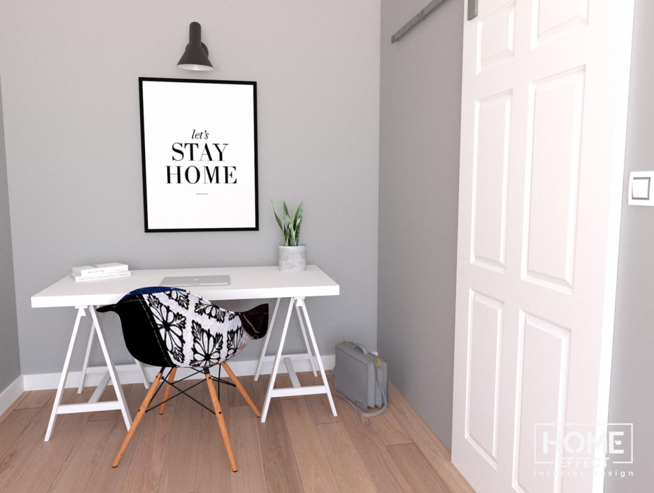 Wizualizacja domowego biura z białym biurkiem na kozłach, krzesłem z czarno-białym wzorem, plakatem 'Let's Stay Home', rośliną doniczkową i szarą aktówką przy białych drzwiach przesuwnych.