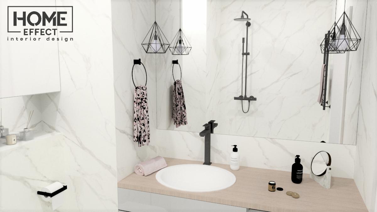 Minimalistyczna łazienka z marmurowymi ścianami, czarną armaturą, geometrycznymi lampami i drewnianym blatem umywalki, uzupełniona akcesoriami.