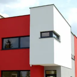 Nowoczesny budynek z czerwono-białą fasadą, prostokątnymi oknami z czarnymi ramami, widok z dołu na fragment budynku.