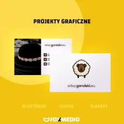 Przykłady projektów graficznych dla sklepu 'sklepgoralski.eu': wizytówka z danymi kontaktowymi, ulotka z logo owcy i plakaty, prezentowane na żółtym tle z napisem 'Projekty graficzne' i logo firmy...