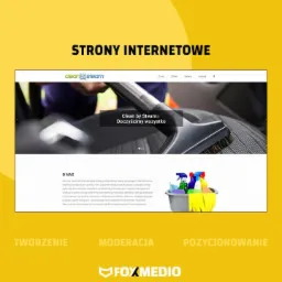 Prezentacja strony internetowej firmy Clean by Steam na żółtym tle z hasłem 'Doczyścimy wszystko', obok widoczne środki czystości w szarym wiaderku, na dole logo Fox Medio.