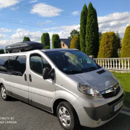 Srebrny Opel Vivaro z bagażnikiem dachowym Thule na tle zadbanego ogrodu z tujami i białym kamiennym ogrodzeniem.