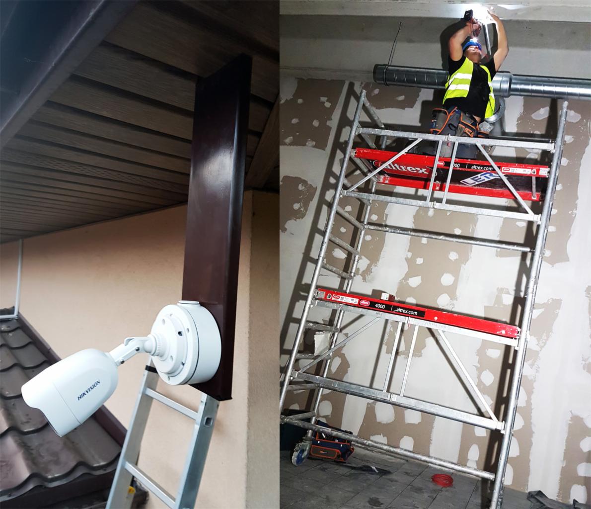Montaż kamery monitoringu Hikvision na zewnątrz budynku, widoczny monter na rusztowaniu wewnątrz, używający latarki czołowej.
