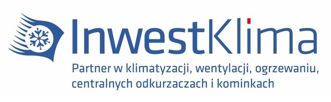 Logo firmy InwestKlima, partnera w klimatyzacji, wentylacji, ogrzewaniu, centralnych odkurzaczach i kominkach, z niebieskim symbolem płatka śniegu.