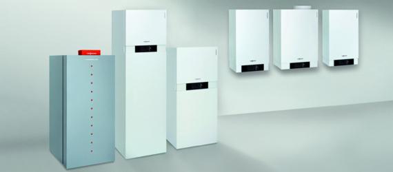 Prezentacja różnych modeli pieców gazowych marki Viessmann: stojące i wiszące, w białej i szarej obudowie, z widocznymi panelami sterowania.