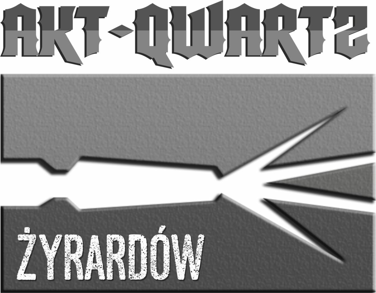 Logo firmy AKT-QWARTZ Żyrardów z abstrakcyjnym symbolem rozbłysku w szarościach.