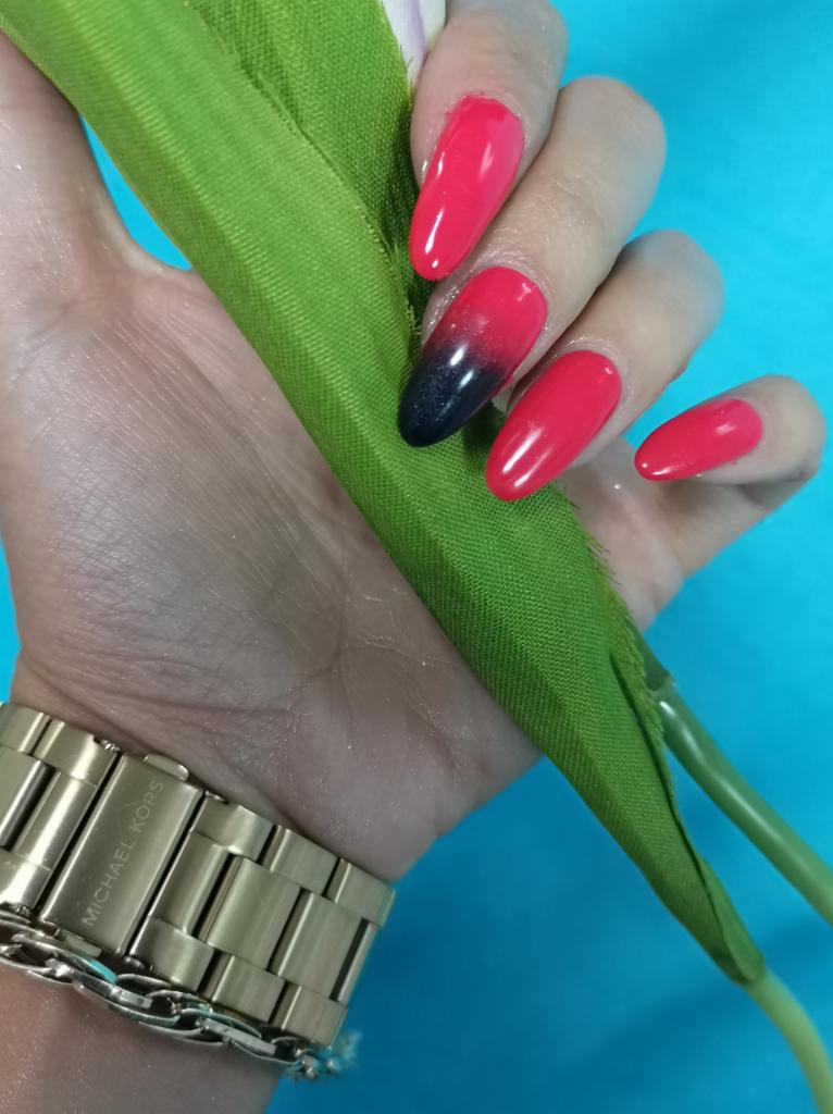 Dłoń z pomalowanymi paznokciami w odcieniach czerwieni i czerni (ombre), trzymająca zielony łodygę sztucznego kwiatu na tle błękitu, z widocznym złotym zegarkiem Michael Kors na nadgarstku.