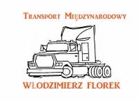 Szkic ciężarówki z naczepą, pod napisem TRANSPORT MIĘDZYNARODOWY i imieniem i nazwiskiem WŁODZIMIERZ FLOREK, wszystko w kolorze pomarańczowym.