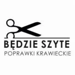Grafika wektorowa przedstawiająca czarne nożyczki krawieckie nad napisem 'BĘDZIE SZYTE' i 'POPRAWKI KRAWIECKIE' na białym tle.