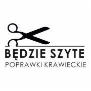Grafika wektorowa przedstawiająca czarne nożyczki krawieckie nad napisem 'BĘDZIE SZYTE' i 'POPRAWKI KRAWIECKIE' na białym tle.
