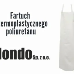 Biały fartuch z termoplastycznego poliuretanu na białym tle, obok logo firmy Mondo Sp. z o.o.