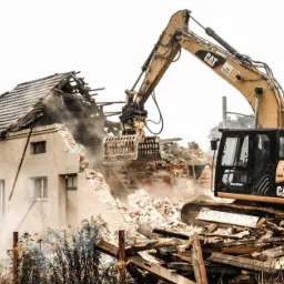 Żółta koparka CAT 319DL kruszy pozostałości budynku z cegły, w tle drzewa i pochmurne niebo.