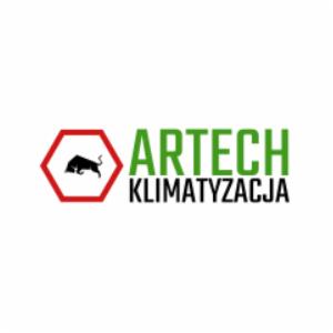 Logo firmy ARTECH Klimatyzacja: zielony napis 'ARTECH' nad czarnym napisem 'KLIMATYZACJA', po lewej stronie czerwony sześciokąt z czarną sylwetką byka w środku.