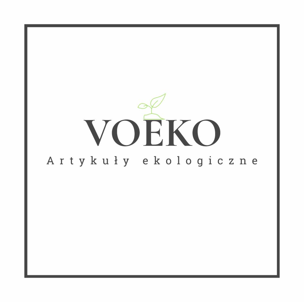 Logo firmy VOEKO z zielonym symbolem rośliny nad nazwą, prezentujące artykuły ekologiczne w czarnej ramce.