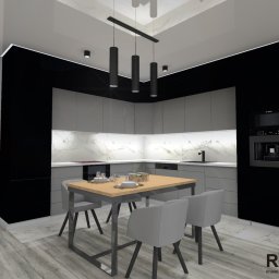 Rema Design Studio projektowania wnętrz - Wizualizacja nowoczesnej kuchni z czarnymi i szarymi elementami, marmurowym blatem, stołem z jasnego drewna i szarymi krzesłami, oświetleniem punktowym i wbudowanym ekspresem do kawy marki Bosch.